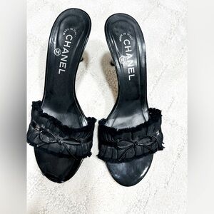 Women’s CHANEL Slides, Size 38.5, Black Satin, Linen & Patent Leather